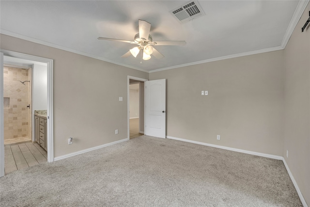 unfurnished bedroom with light carpet, ornamental molding, ensuite bathroom, and ceiling fan