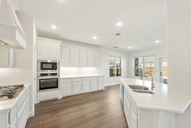 kitchen featuring sink, premium range hood, appliances with stainless steel finishes, an island with sink, and white cabinets