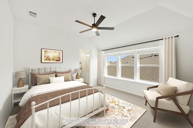 bedroom featuring carpet floors, ceiling fan, and vaulted ceiling