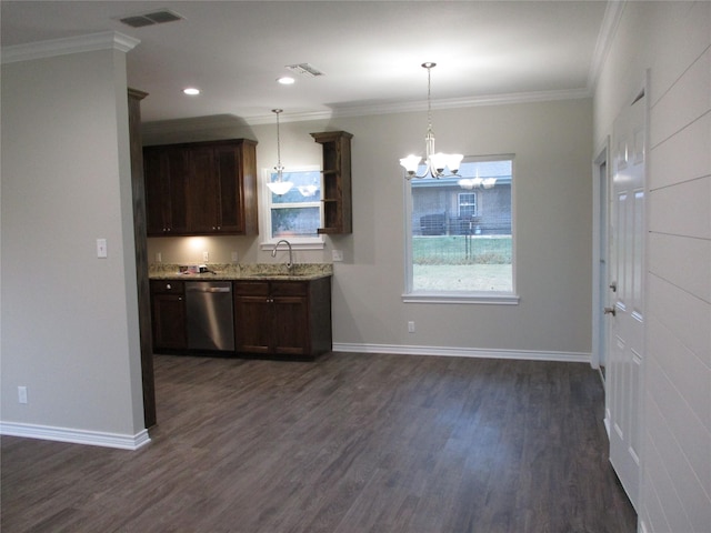 kitchen featuring pendant lighting, sink, dark wood-type flooring, dishwasher, and ornamental molding