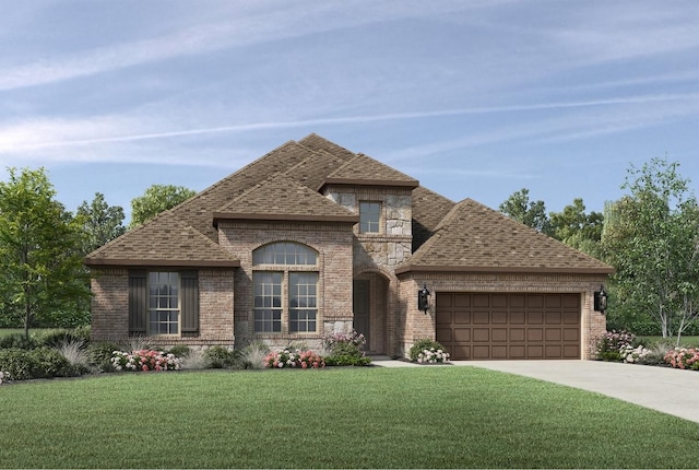 1417 Vermillion Dr, Prosper, TX 75078 - french provincial home with driveway, brick siding, a front lawn, a shingled roof, and a garage
