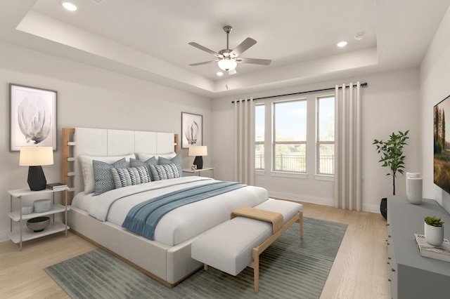 1417 Vermillion Dr, Prosper, TX 75078 - bedroom featuring a tray ceiling, a ceiling fan, light wood-type flooring, baseboards, and recessed lighting