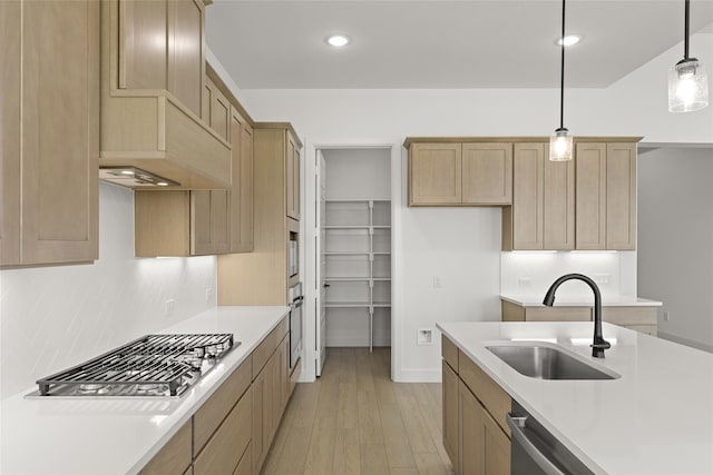 kitchen with custom exhaust hood, appliances with stainless steel finishes, light wood-type flooring, sink, and decorative light fixtures