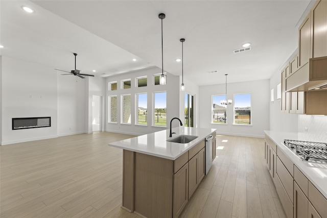 kitchen featuring appliances with stainless steel finishes, a healthy amount of sunlight, sink, and a center island with sink