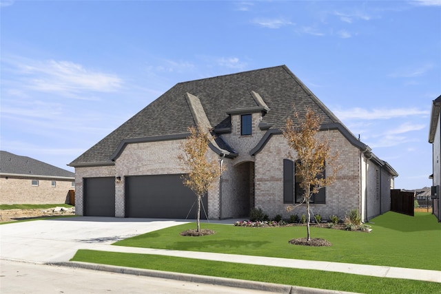 french country style house with a front lawn and a garage