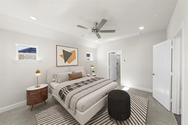 bedroom featuring vaulted ceiling, ceiling fan, and carpet