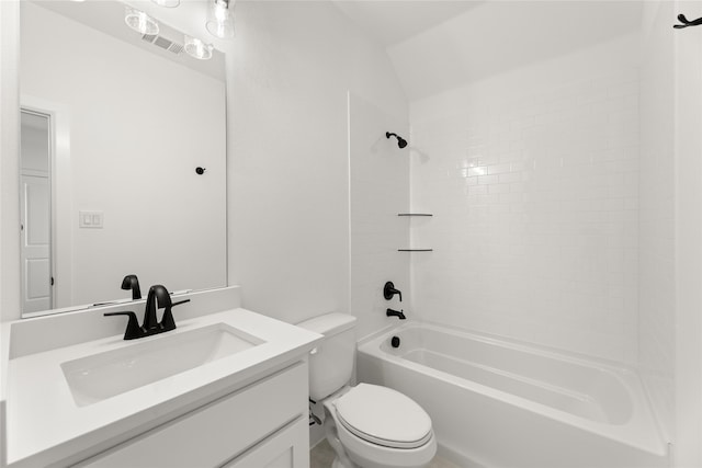 full bathroom with vanity, lofted ceiling, toilet, and shower / bath combination