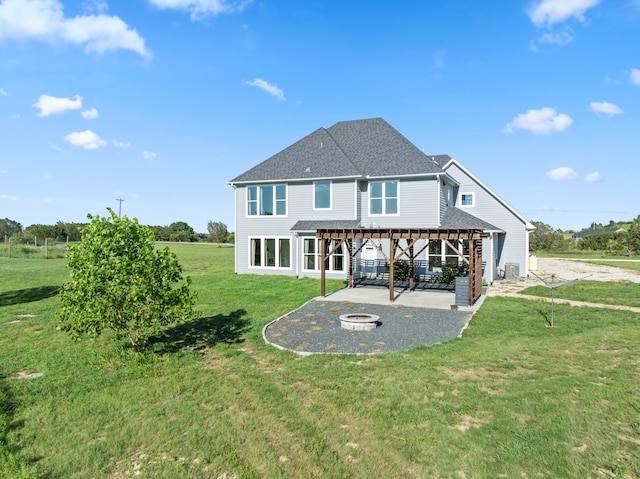 view of front facade featuring a patio area, a gazebo, a pergola, a front yard, and a fire pit