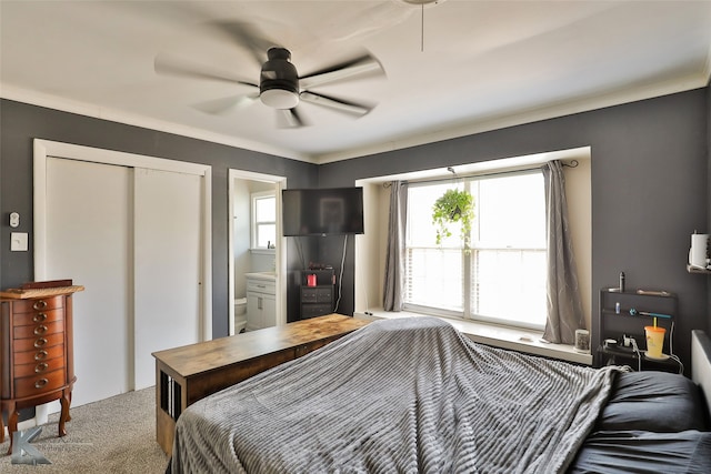 bedroom featuring ceiling fan, a closet, carpet, and connected bathroom