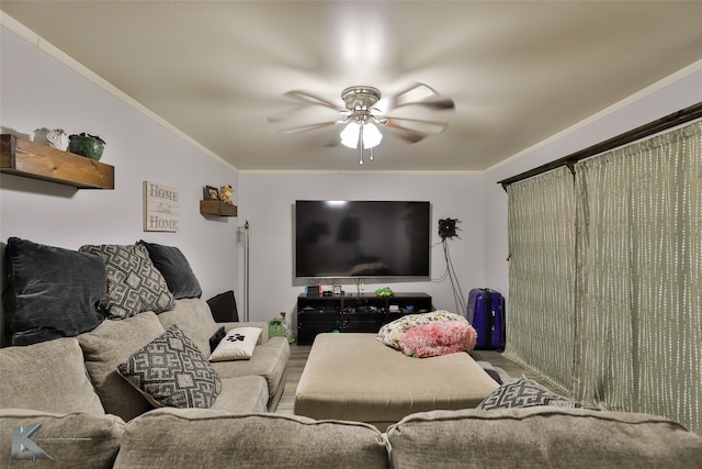 living room with ceiling fan, hardwood / wood-style floors, and ornamental molding