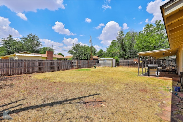 view of yard featuring a storage unit and a patio area