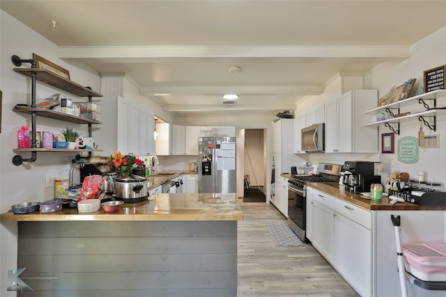 kitchen featuring light hardwood / wood-style floors, stainless steel appliances, kitchen peninsula, and white cabinets