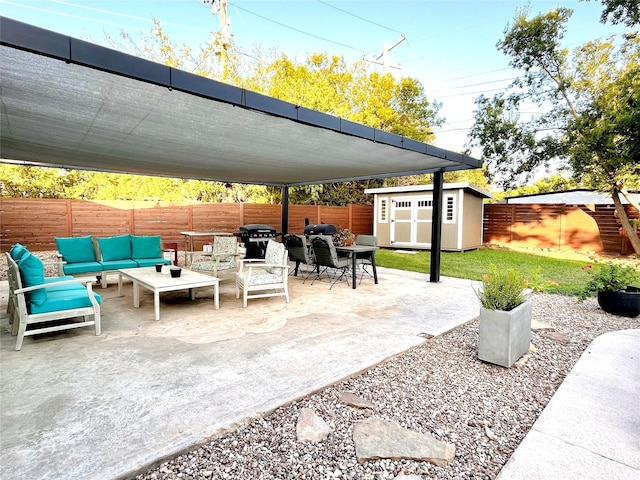 view of patio / terrace featuring a shed and an outdoor hangout area