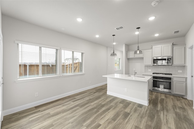 kitchen with pendant lighting, tasteful backsplash, sink, a kitchen island with sink, and stainless steel appliances