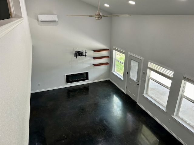 unfurnished living room featuring an AC wall unit, high vaulted ceiling, and ceiling fan