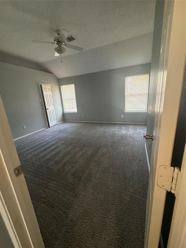 carpeted empty room featuring vaulted ceiling, a wealth of natural light, and a textured ceiling