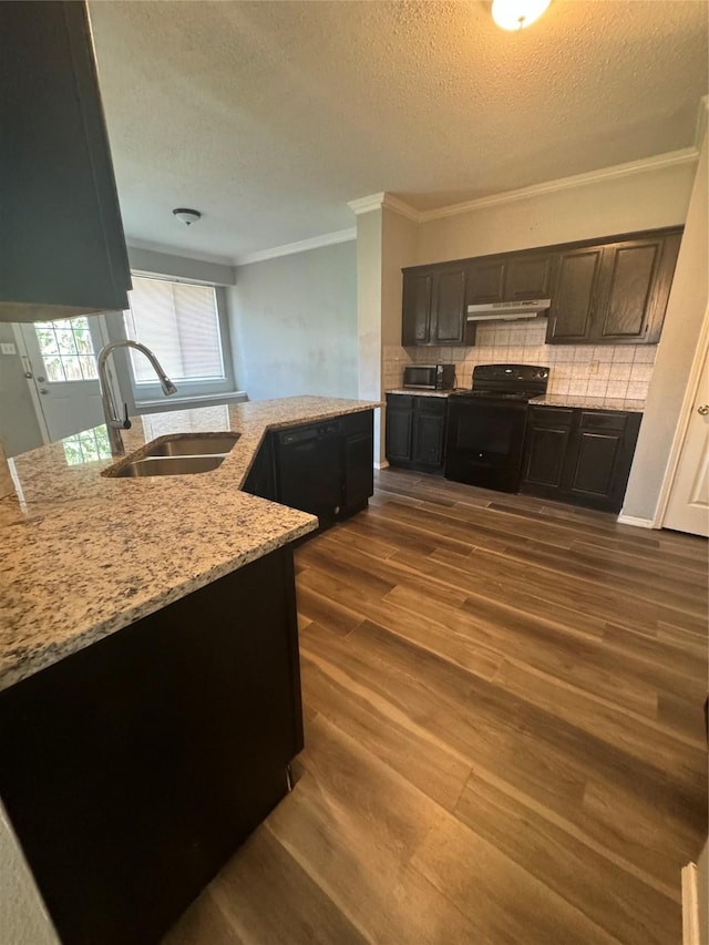 kitchen with tasteful backsplash, black range with electric cooktop, crown molding, sink, and dark hardwood / wood-style floors