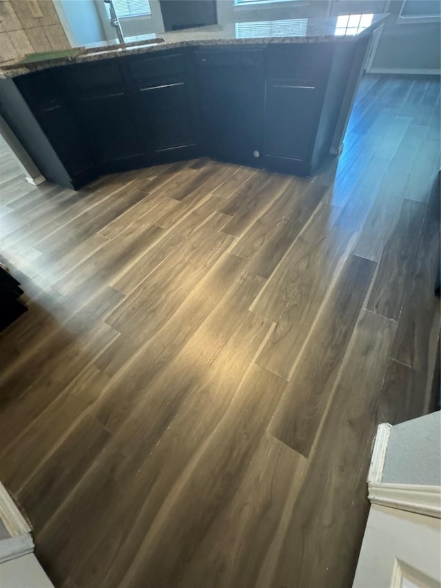 interior details with dark hardwood / wood-style flooring and light stone counters