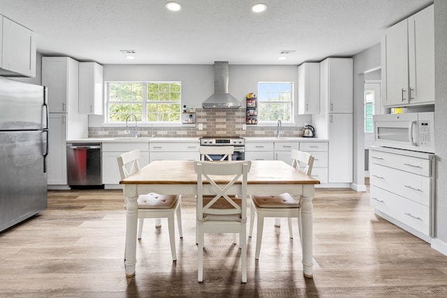 kitchen with light hardwood / wood-style floors, appliances with stainless steel finishes, plenty of natural light, and wall chimney range hood