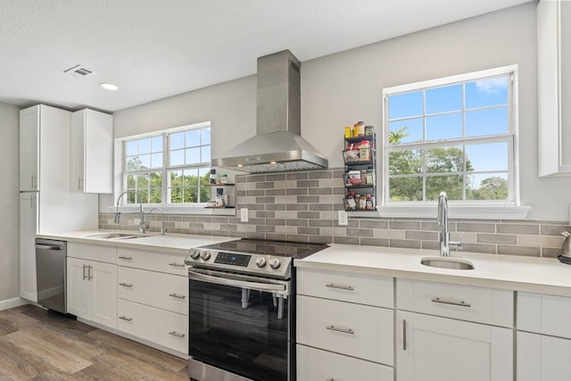 kitchen featuring tasteful backsplash, stainless steel appliances, sink, light wood-type flooring, and wall chimney exhaust hood