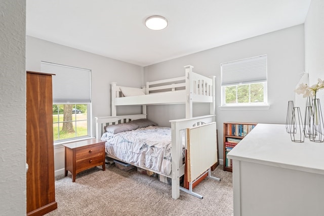 bedroom featuring multiple windows and light colored carpet