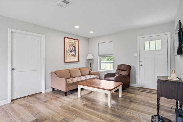 living room with light hardwood / wood-style flooring