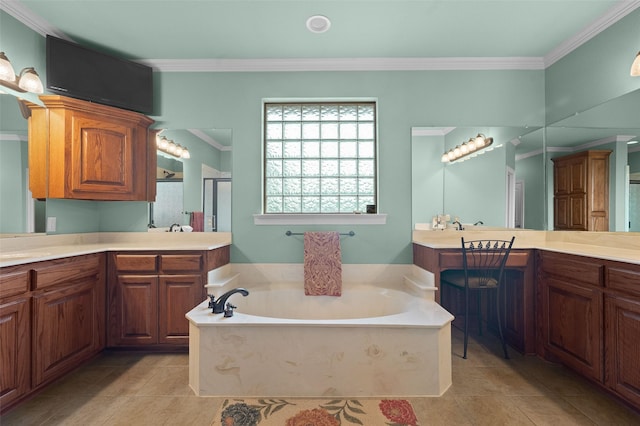 bathroom with a garden tub, tile patterned flooring, crown molding, a shower stall, and two vanities