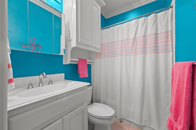 full bathroom featuring a shower with shower curtain, toilet, ornamental molding, tile patterned floors, and vanity