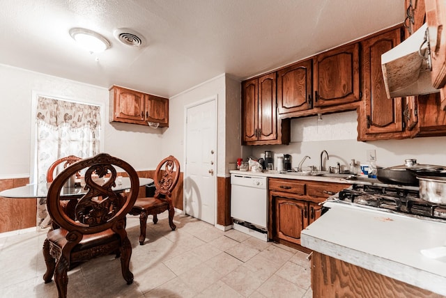 kitchen featuring visible vents, white dishwasher, a sink, light countertops, and under cabinet range hood