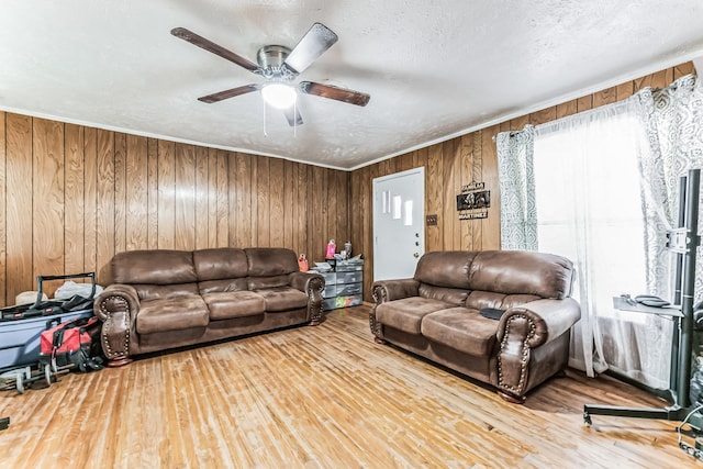 living area featuring wood finished floors, ornamental molding, ceiling fan, wood walls, and a textured ceiling