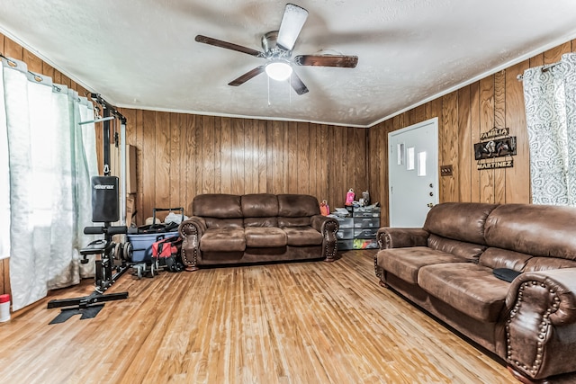 living room with light hardwood / wood-style flooring, ceiling fan, wooden walls, and crown molding