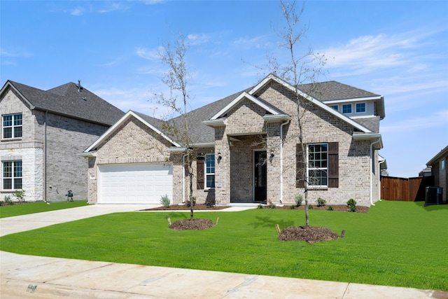 craftsman inspired home featuring central AC unit, a garage, and a front lawn