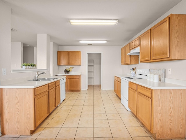 kitchen with light tile patterned flooring, white appliances, kitchen peninsula, and sink