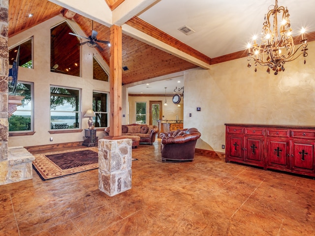 tiled living room with ceiling fan with notable chandelier, beam ceiling, and high vaulted ceiling