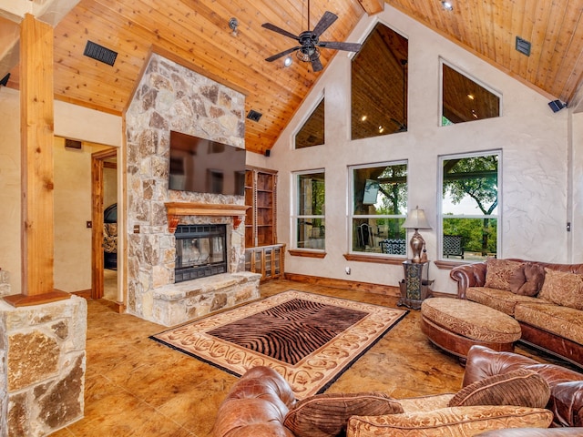 tiled living room featuring high vaulted ceiling, a fireplace, beam ceiling, wooden ceiling, and ceiling fan