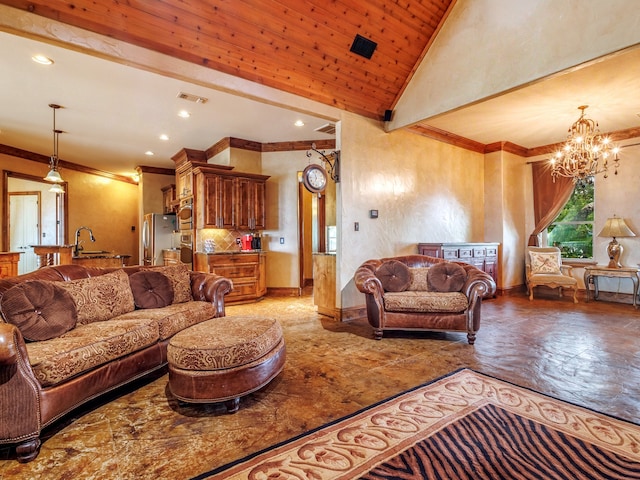 living room featuring sink, high vaulted ceiling, a notable chandelier, and ornamental molding