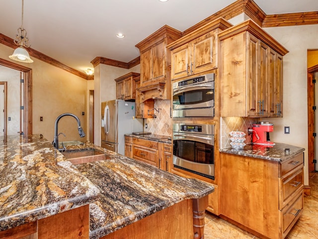 kitchen with light tile patterned flooring, backsplash, sink, dark stone countertops, and decorative light fixtures