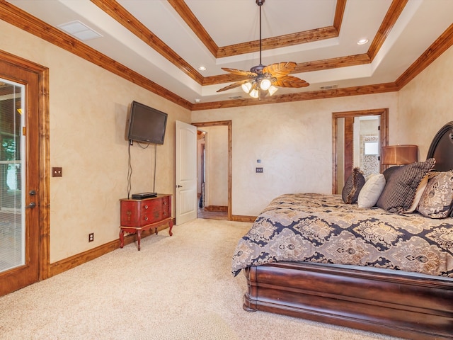 bedroom with ceiling fan, crown molding, a raised ceiling, and light carpet