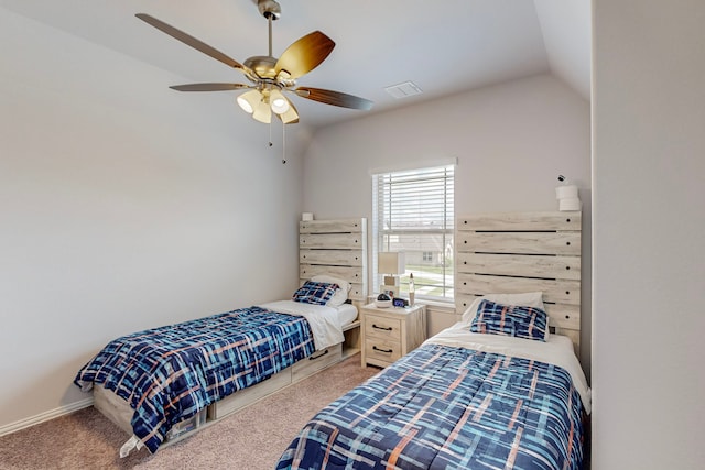 carpeted bedroom featuring ceiling fan and lofted ceiling