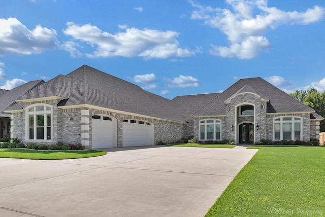 french country style house with concrete driveway, roof with shingles, an attached garage, a front yard, and brick siding