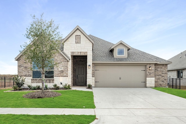 view of front of home with a garage and a front lawn