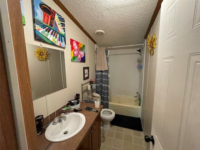 full bathroom with tile patterned flooring, a textured ceiling, toilet, vanity, and shower / bath combo with shower curtain