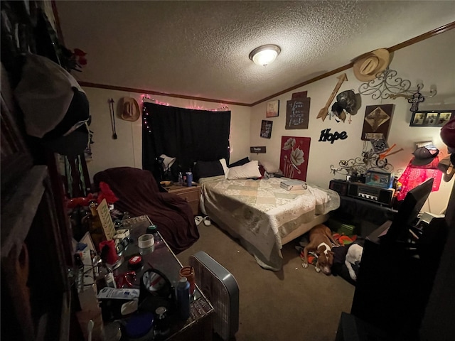 bedroom with carpet and a textured ceiling