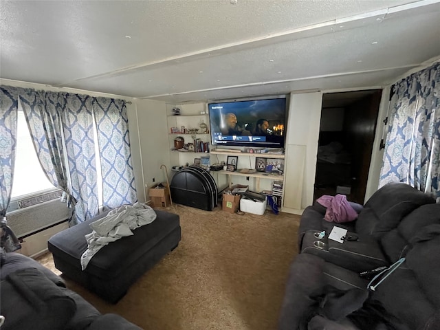 living room with carpet flooring and a textured ceiling