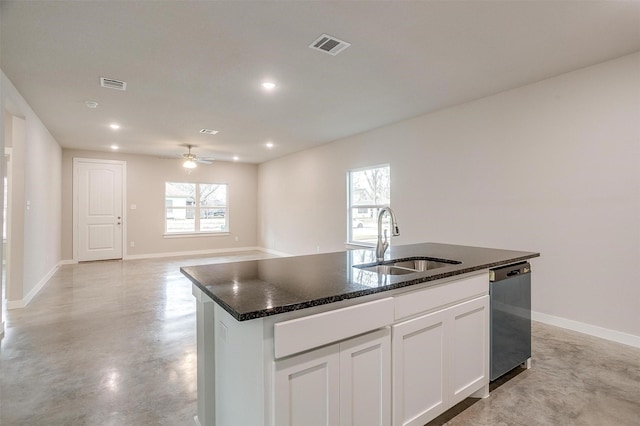 kitchen featuring white cabinetry, sink, ceiling fan, stainless steel dishwasher, and a center island with sink