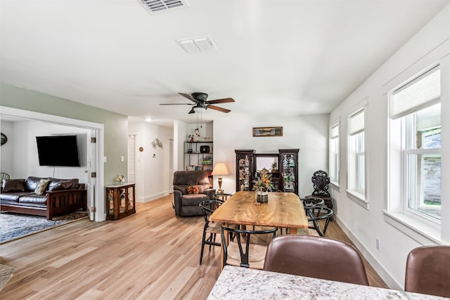 dining room featuring ceiling fan and light hardwood / wood-style flooring