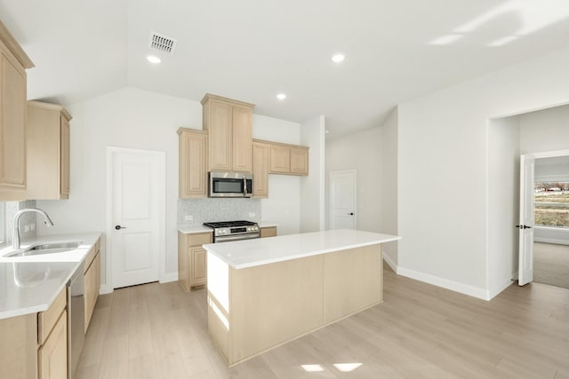 kitchen featuring sink, a center island, light hardwood / wood-style floors, and appliances with stainless steel finishes