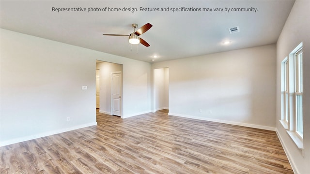 unfurnished room with light hardwood / wood-style floors and ceiling fan