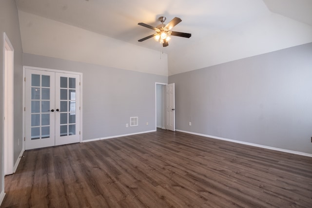 unfurnished room with ceiling fan, dark hardwood / wood-style floors, french doors, and lofted ceiling