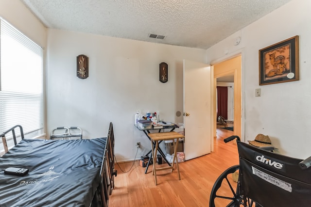 interior space with light hardwood / wood-style floors, multiple windows, and a textured ceiling